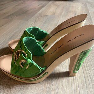 Chinese Laundry Women's Amore Green Leather Platform Heels 9M Wooden 4.5" Heel